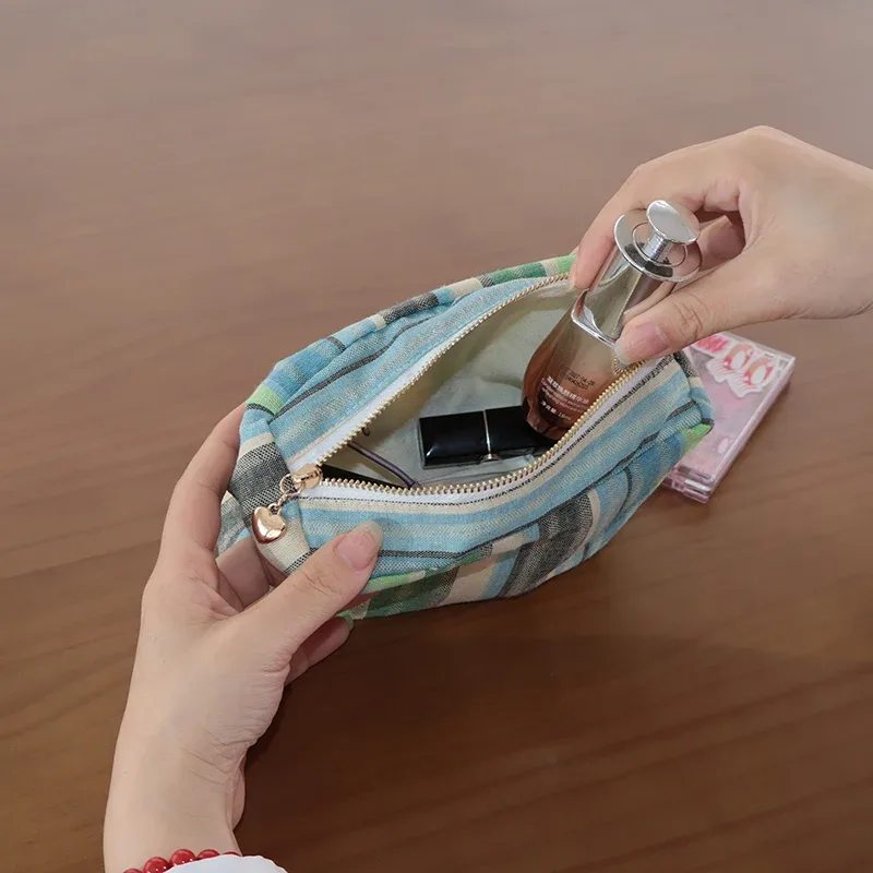 sac de maquillage rayé en toile pour femmes, pochette à cosmétiques décontractée, organisateur de voyage, grand rangement pour les vacances, usage quotidien, léger et durable
