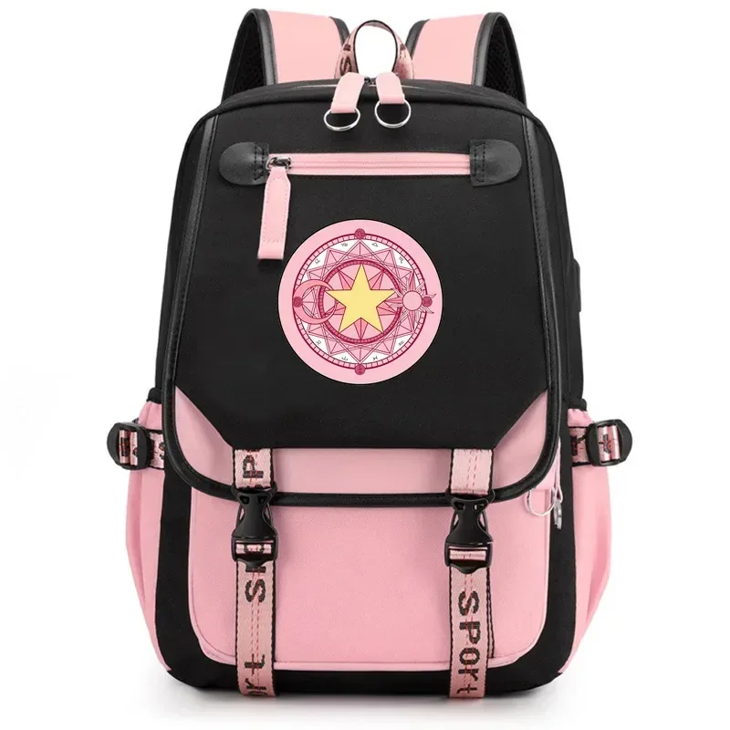 sac dos polyester noir bandes blanches roses poche devant dessin fille ailes étoile portable voyager