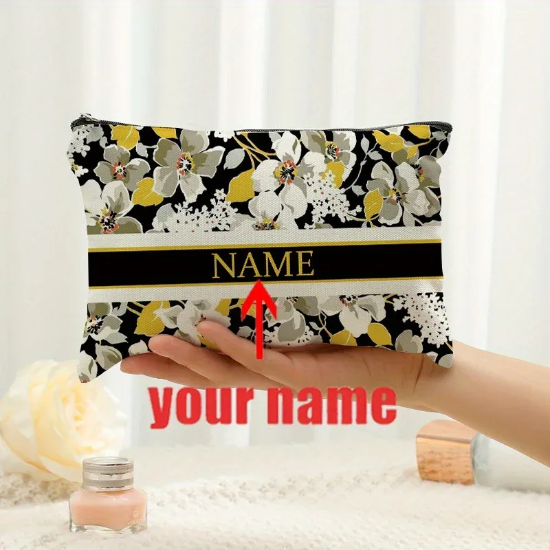 1 pièce trousse de maquillage personnalisée avec nom et motif floral imprimé, sac de rangement de voyage pour articles de toilette, organisateur de cadeaux de fête, pochette cosmétique