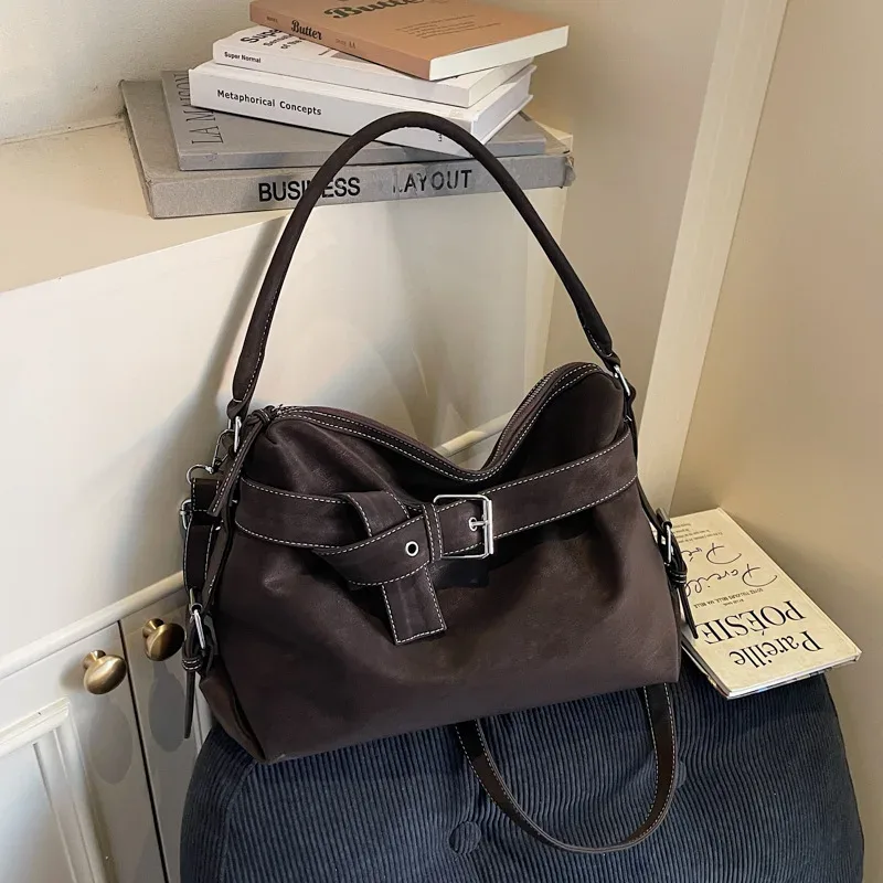 sac fourre-tout en cuir souple de grande capacité, sac à main avec boucle de ceinture, nouveau sac messager à bandoulière rétro pour fille, sac de moto