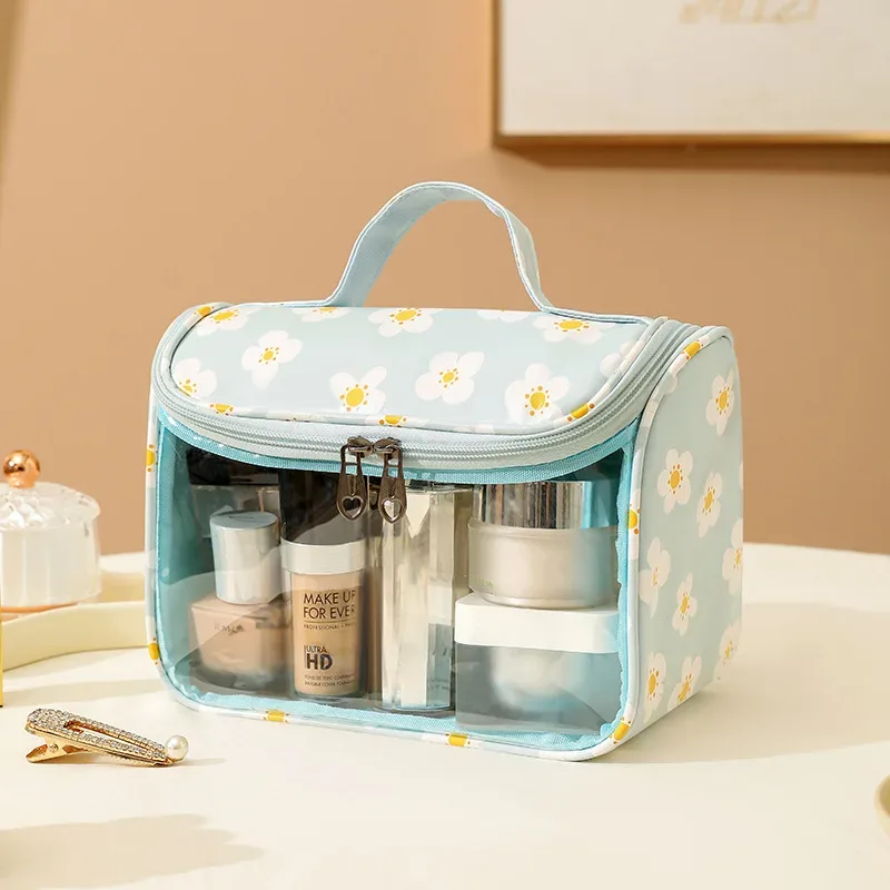 4 pièces sac de maquillage en pvc fleur imprimé sac à main de lavage transparent pochette cosmétique de voyage étanche trousse de toilette pratique porte-monnaie
