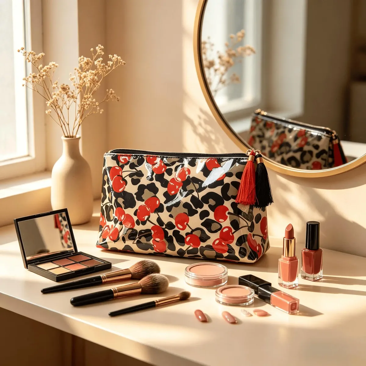 trousse de maquillage grande capacité avec pendentif pompon, sac de rangement pour articles de toilette, sac de voyage, cadeau pour femme et fille, utilisation au bureau et à la maison