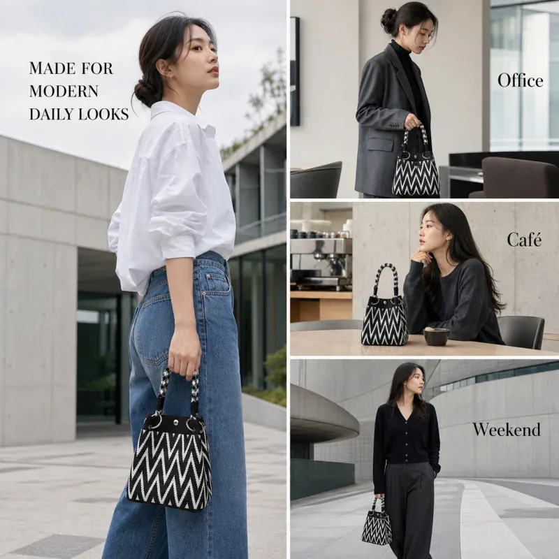 mini sac fourre-tout géométrique pour femme, noir et ivoire, sac à main graphique avec poignée anneau, sac compact pour tenues de style coréen