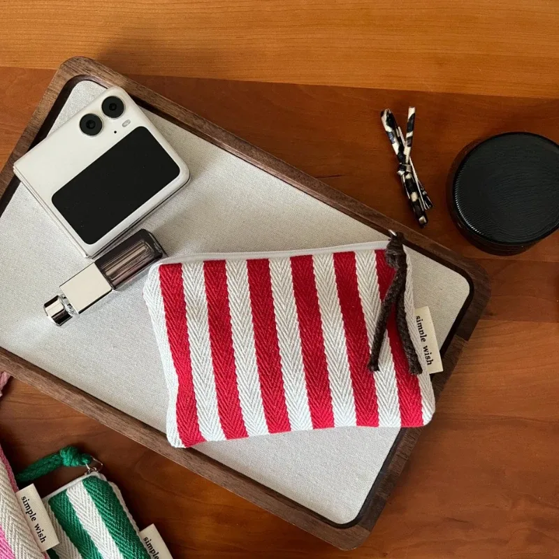 petite trousse de maquillage, mini sacs organisateurs en toile rayée pour femmes, étui à rouge à lèvres, trousse de maquillage, porte-monnaie mignon pour enfants