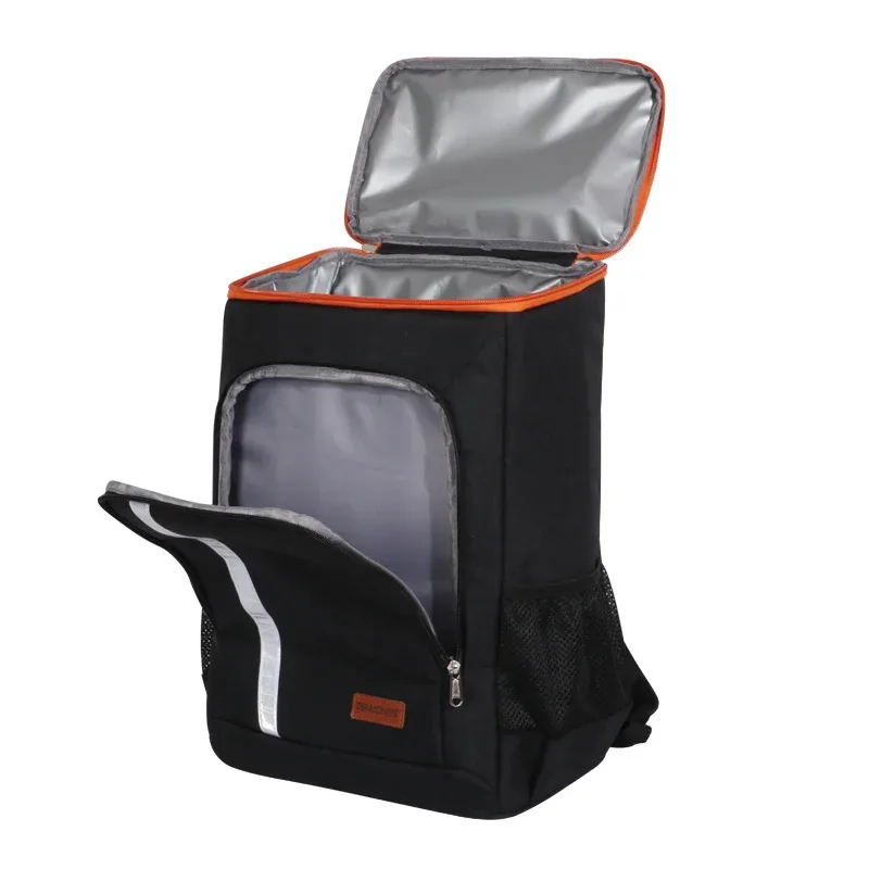 sac dos polyester fibre noire gris bordure orange isolé transport aliments frais voyage pique-nique