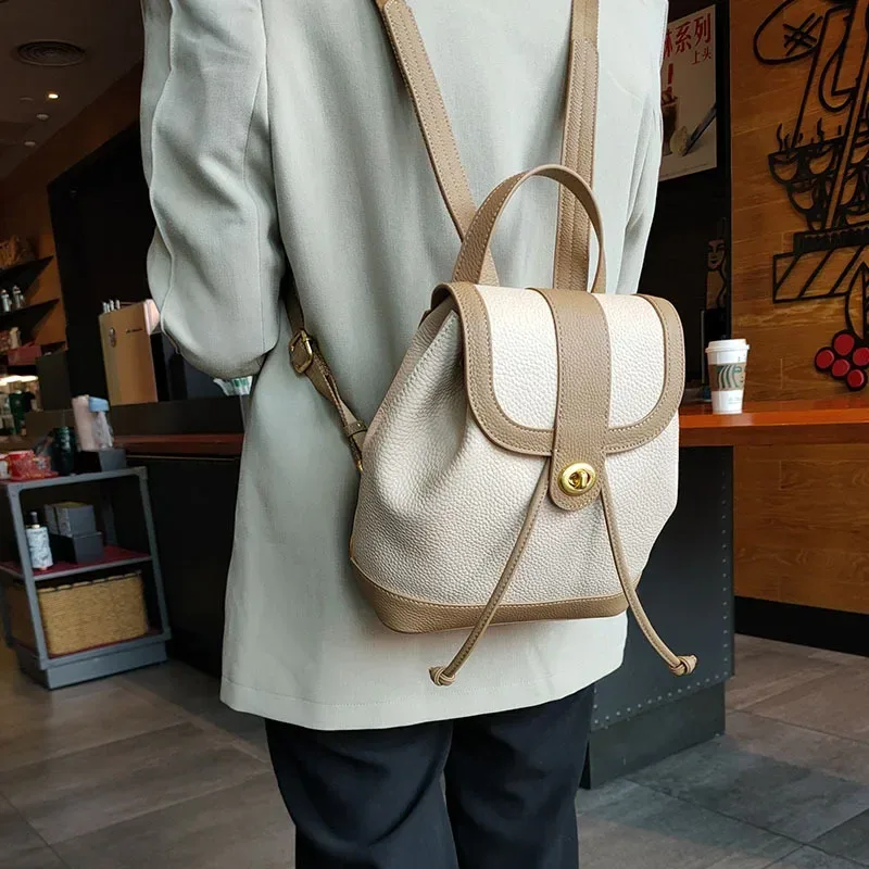 sac à dos antivol en cuir de vachette pour femme, sac de voyage pour femme, sac à dos tout assressenti, fermeture à cordes de loisirs, couleur frappée, 100% cuir