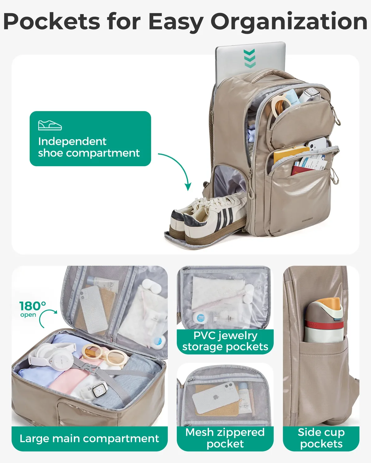 sac dos polyester beige forme rectangulaire poches latérales compartiment chaussures capacité 27l usage voyage école affaires