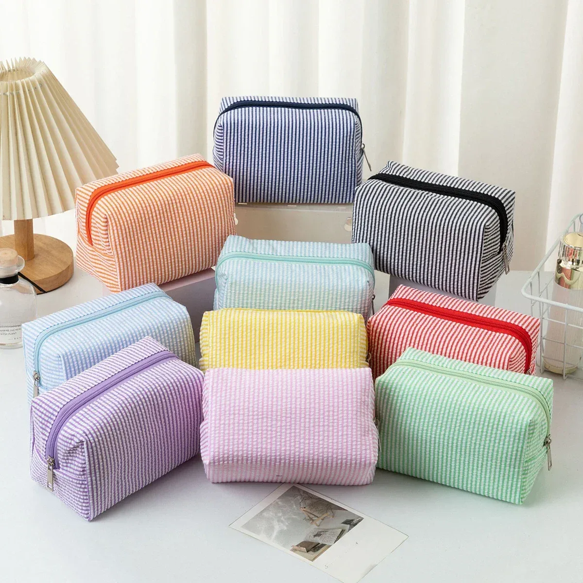 sac à cosmétiques rayé, trousse de maquillage rose violet pour femmes, organisateur de voyage avec fermeture éclair