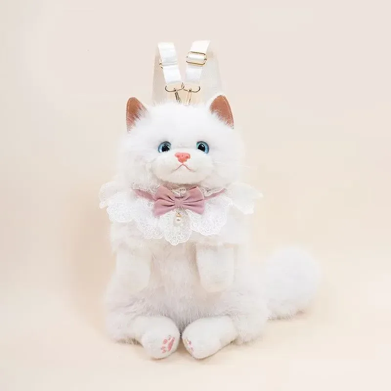 sac à dos chat ragdoll en fausse fourrure mignon pour filles, sac à bandoulière réaliste en peluche chaton avec nœud en dentelle, jouet en peluche doux, cadeau