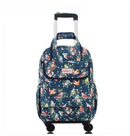 sac dos oxford université motif floral roses rouges fond bleu nuit toupie roulettes transport voyage femmes