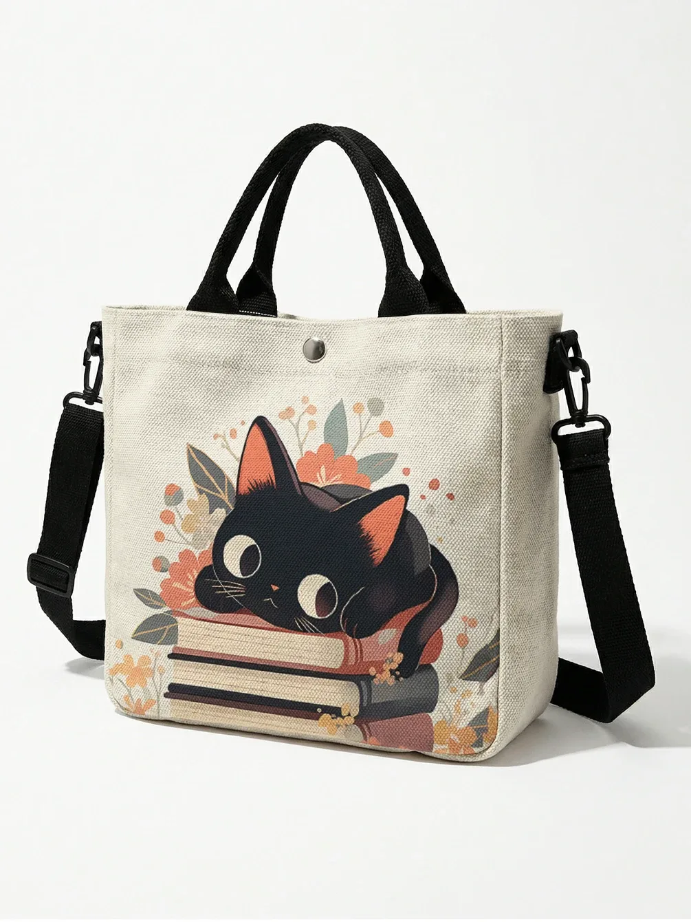 sac fourre-tout à imprimé floral avec chat noir mignon empilé sur des livres, sac à bandoulière détachable pour femme, idéal pour le shopping quotidien