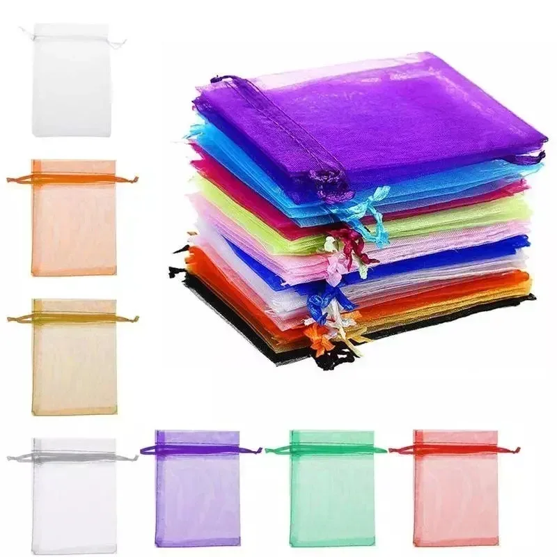 sac à cordon en organza coloré, 100 pièces, sacs d'emballage de bijoux, pochettes de rangement pour cadeaux de mariage, pochettes à cordon 7x9cm
