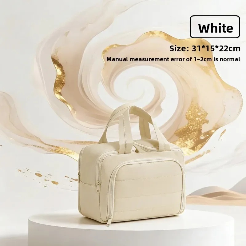 grande trousse de maquillage de voyage 180 °   organisateur de toilette à large ouverture, trousse à cosmétiques rembourrée résistante à l'eau avec poignée pour bouteilles pleines grand format