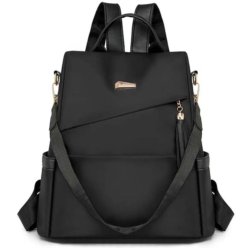 sac à dos en nylon de grande capacité pour femmes, sac à dos imperméable de couleur unie, doux au toucher, multi-poches, avec pompon décoratif, sac à dos antivol
