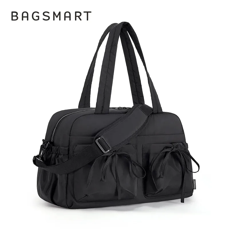 sac voyage polyester noir rose bandoulière poignée supérieure poches latérales grande capacité usage voyage sport loisirs