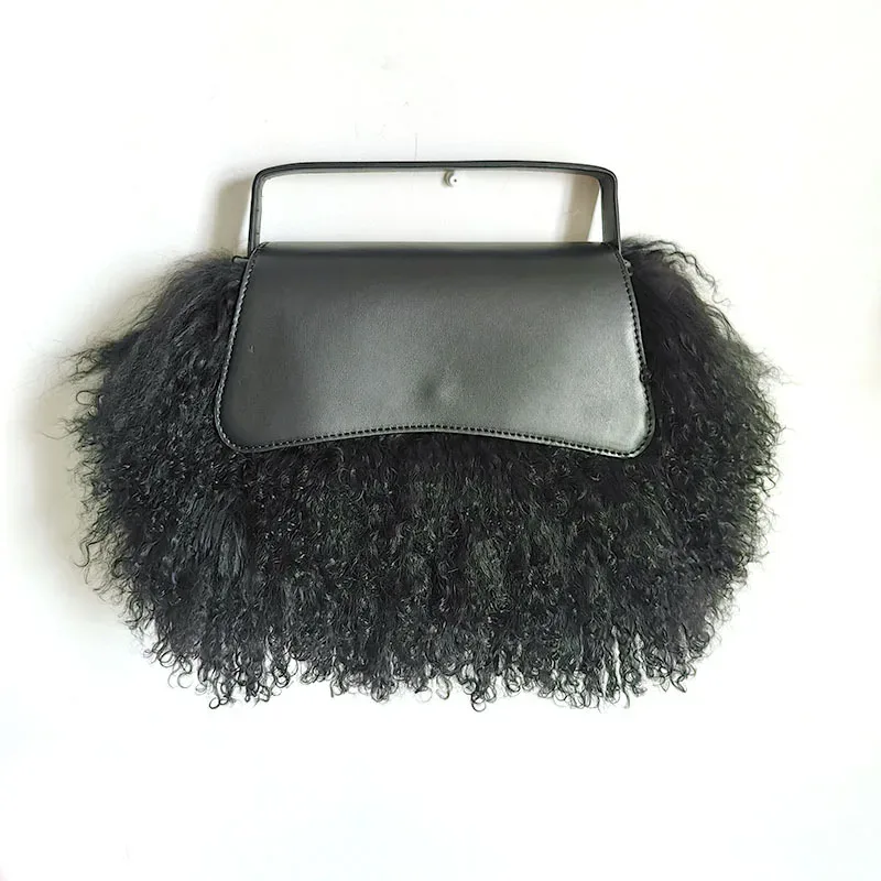 sac à main de luxe en cuir 2026 avec fourrure et garniture en velours, sac en peau d'agneau duveteux automne/hiver avec garniture en fourrure et pompons