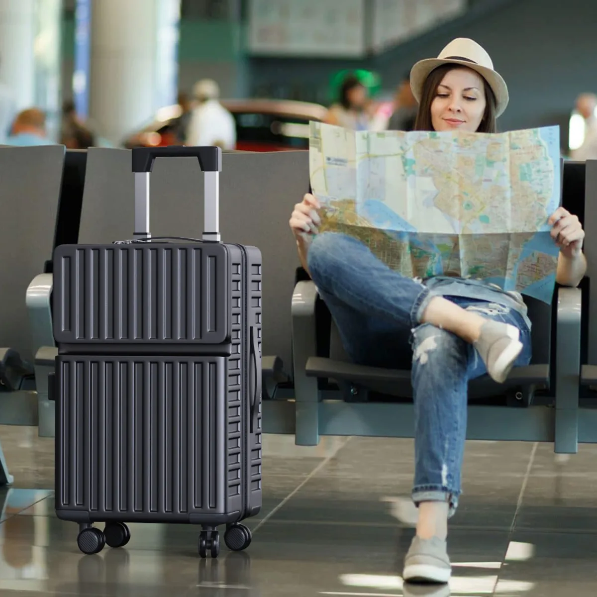 valise rigide rosahqnda, lot de 2, valise à roulettes 20/24 pouces, valise de voyage, tsa/abs, noir/gris