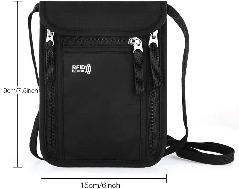 Organisateur Voyage Polyester Noir Motif Carrés Gris Blocage RFID Passeports Familiaux Documents Sécurité Transport
