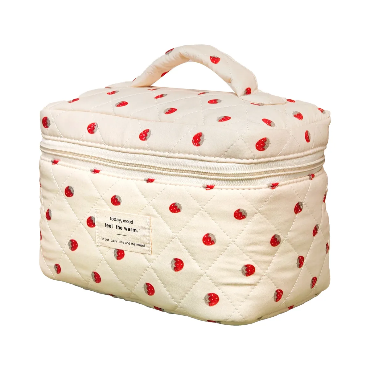 sac de rangement de maquillage fraise pour femmes, grande capacité, pochette matelassée pour dames, fourre-tout portable, sac à cosmétiques à fermeture éclair