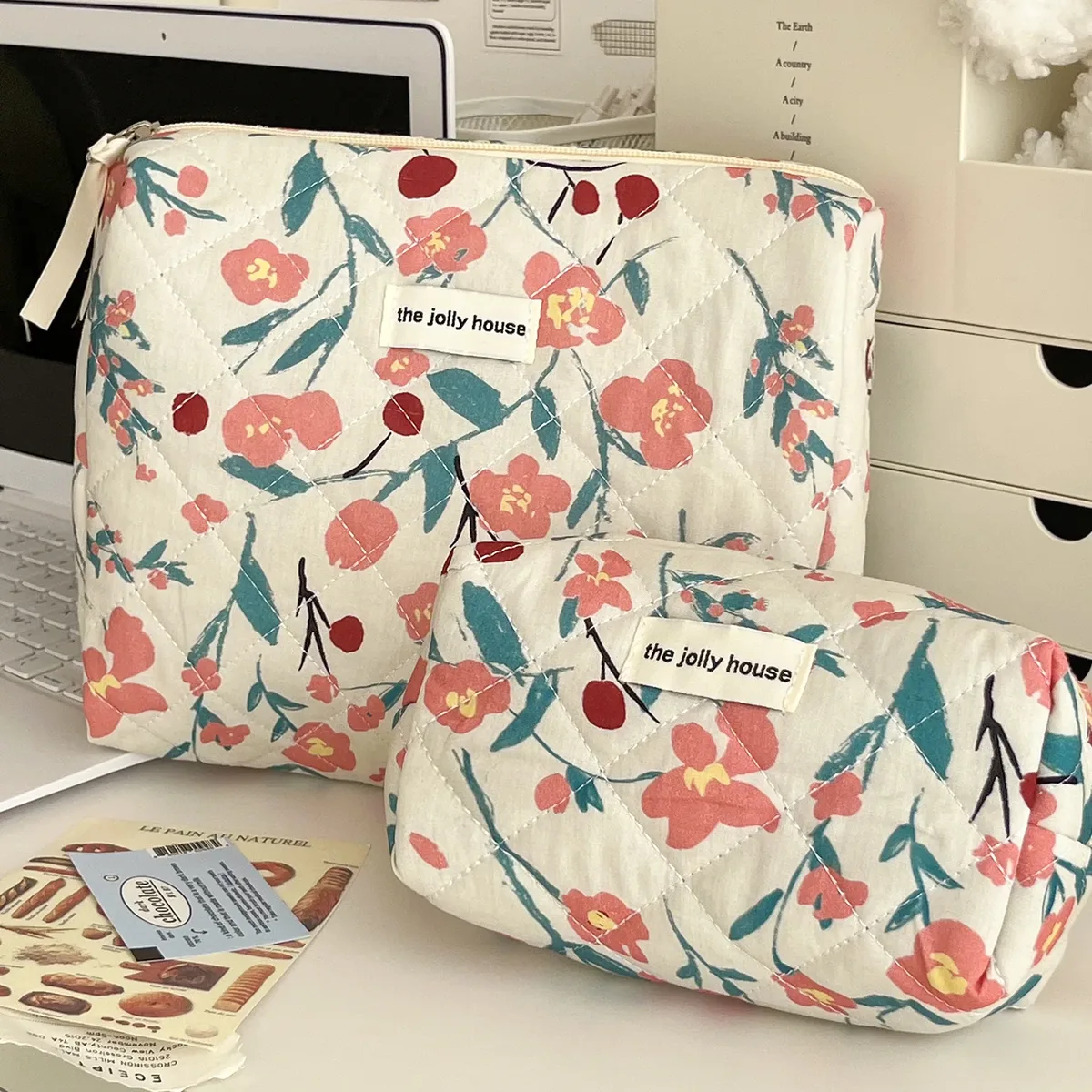 organisateur voyage polyester fleur rose feuille verte fruit rouge décoration floral sac rectangulaire fermeture glissière