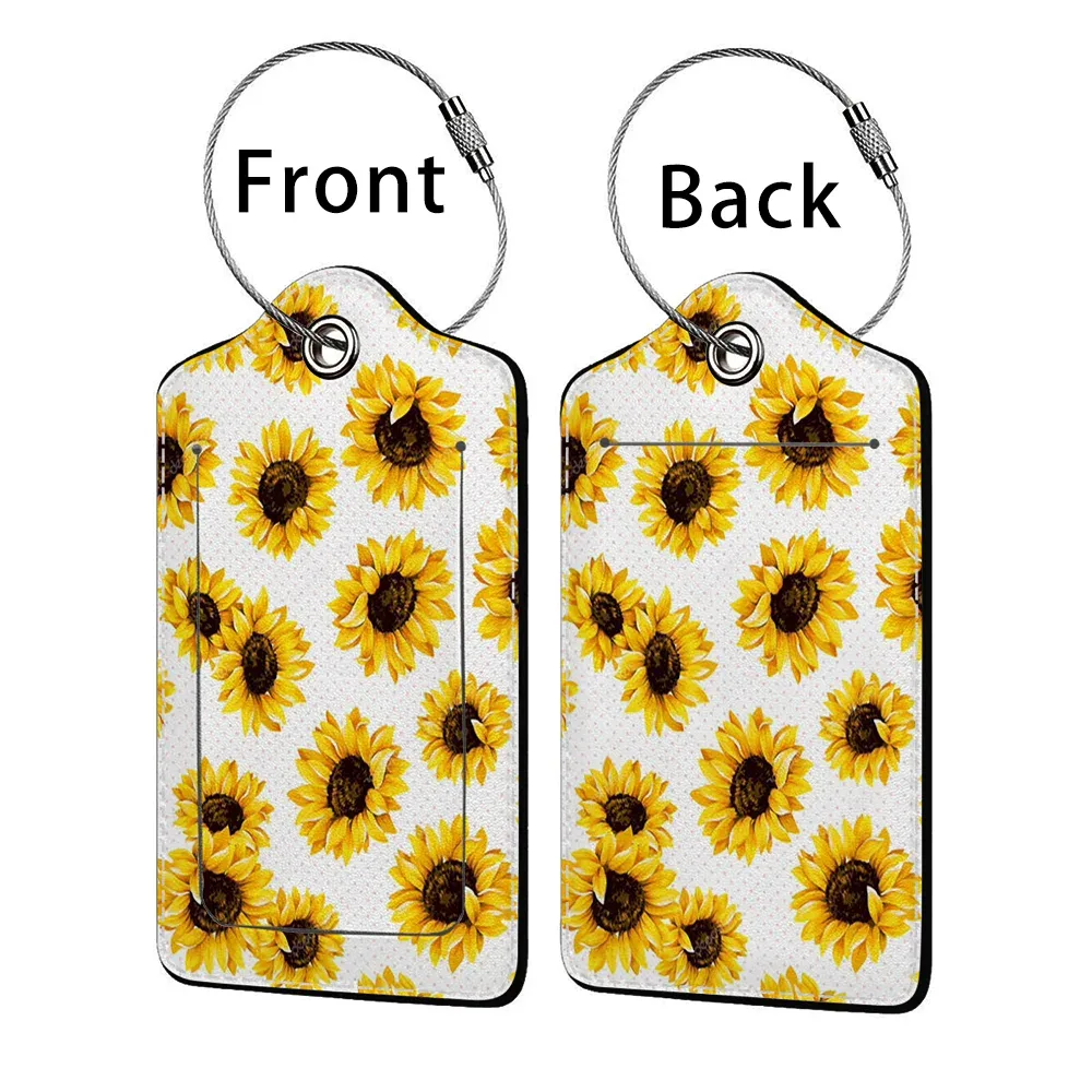étiquette bagage polyuréthane motif tournesols bleu nuit jaune voyage identification personnelle plaques adresses double cartes bancaires
