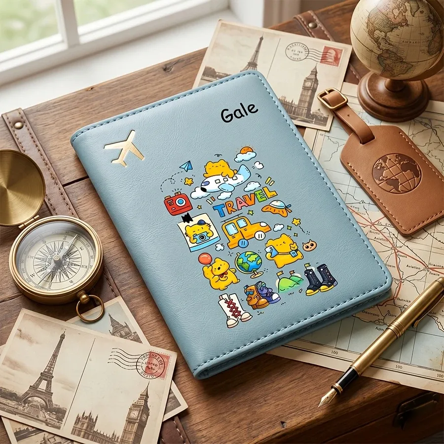 porte-passeport personnalisé avec nom et texte, étui de passeport mignon à motif de dessin animé, couverture de passeport et organiseur de documents, porte-billets de voyage