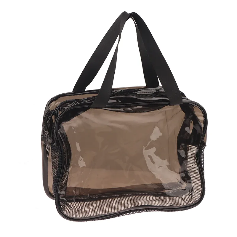 trousse toilette pvc translucide poignées noires multi poches séparation humide sec grande capacité voyage femmes