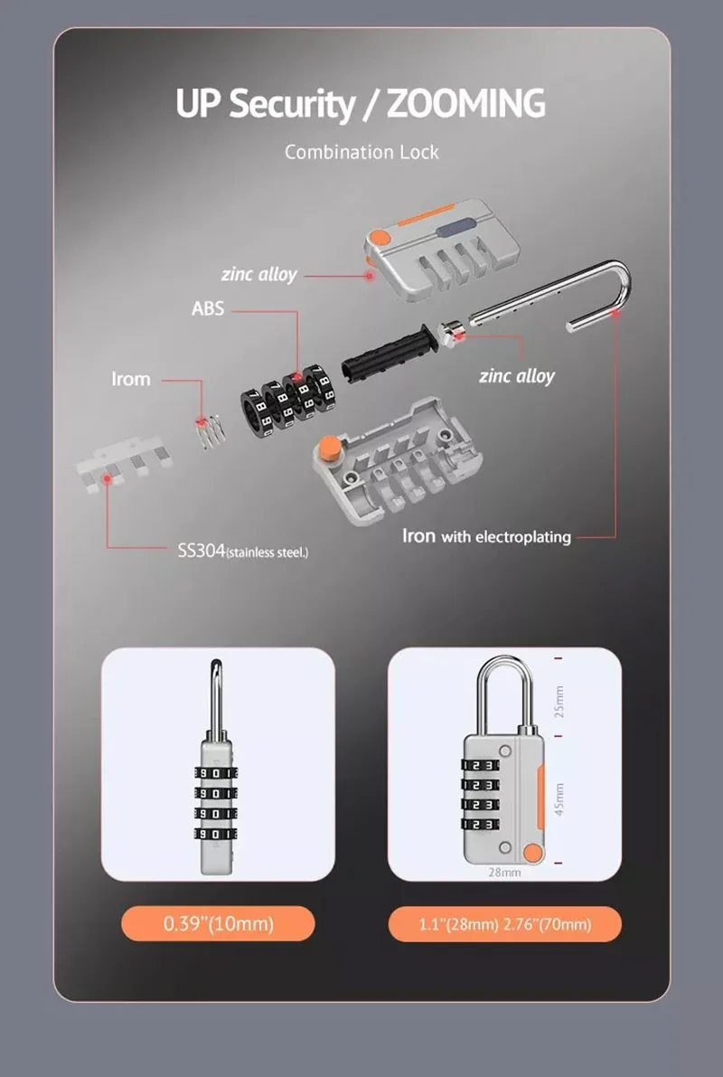 cadenas serrure tsa métallique chaîne noire boutons orange voyage robuste sécurité combinatoire usage bagage vélo