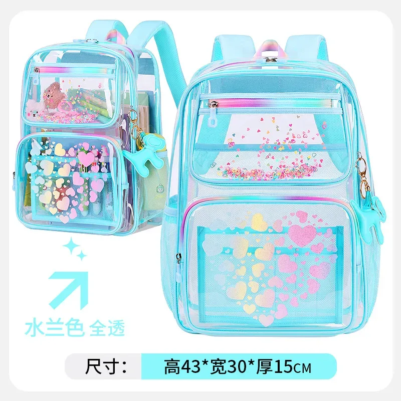 sac à dos transparent en pvc imprimé cœur, pour adolescents, garçons et filles, cartable d'étudiants, grande capacité, étanche, voyage, plage