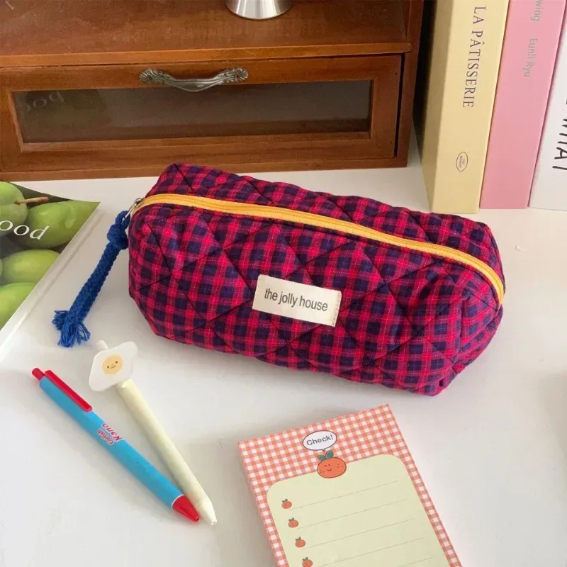 sac de maquillage à carreaux bloquant les couleurs pour femmes, sac de rangement pour pinceaux de maquillage de grande capacité, trousse de toilette pour soins de la peau