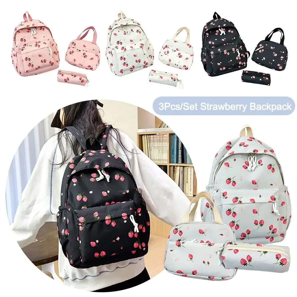 sac à dos fraise en tissu oxford, sac d'école réglable de grande capacité, style preppy avec sac à déjeuner et trousse à crayons, sac à dos de voyage