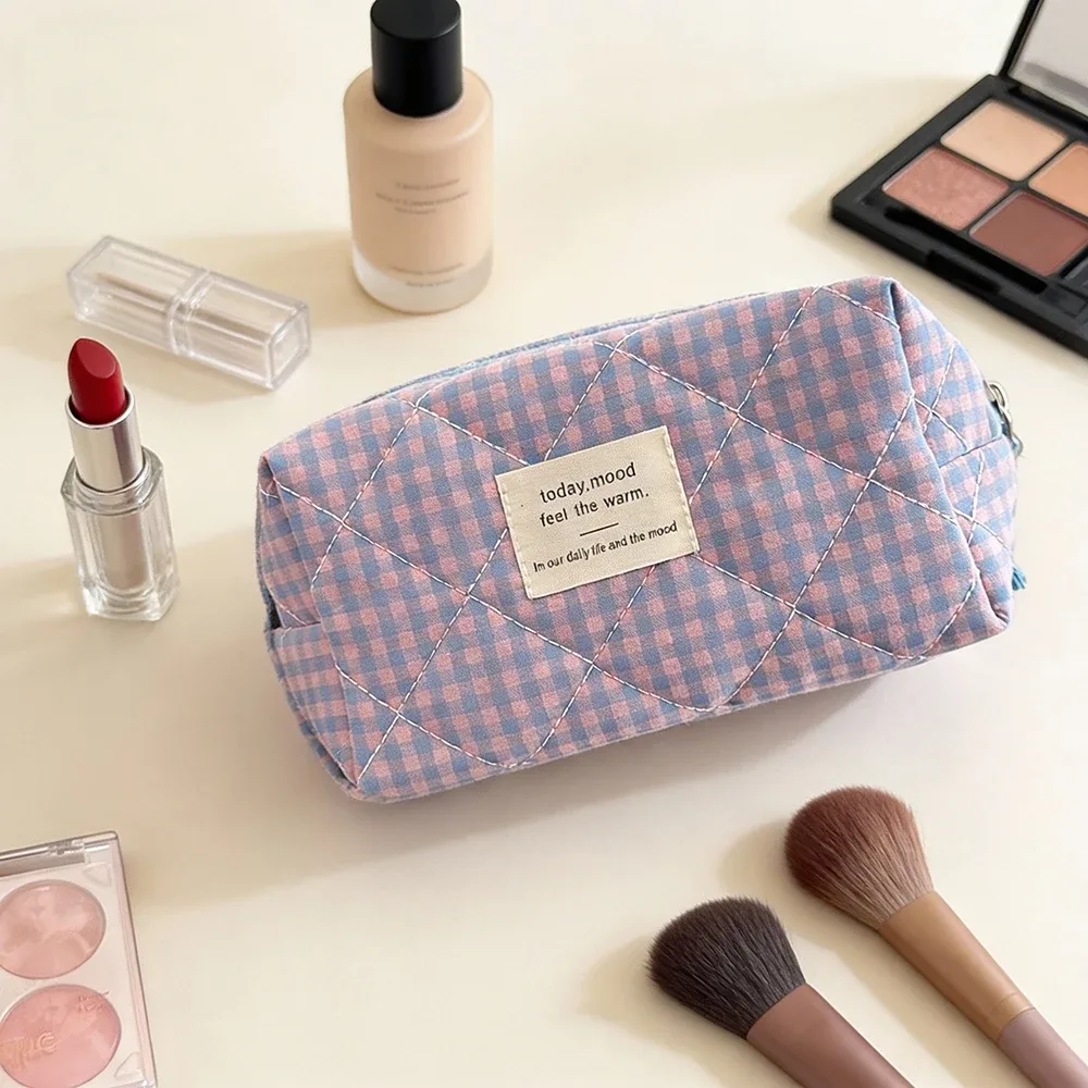 trousse polyester décontractée plaid violet rose orange bleu beige noir géométrique voyage cosmétique toile douce