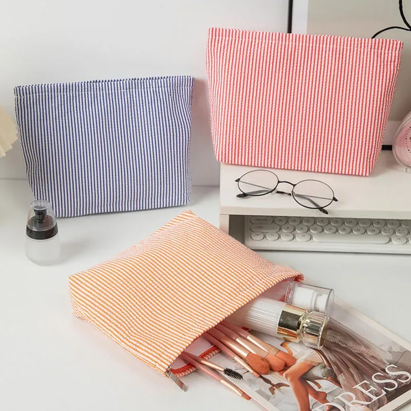 trousse de maquillage en gaze bulle pour femme, sac à main grande capacité, trousse de toilette brodé à rayures, pochette de voyage organisateur