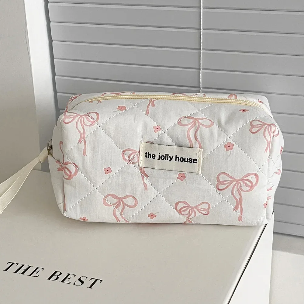 sac de maquillage matelassé avec nœud papillon pour femmes, fourre-tout portable, pochette de rangement de cosmétiques et de toilette, sac à main à fleurs avec fermeture éclair, vente en gros
