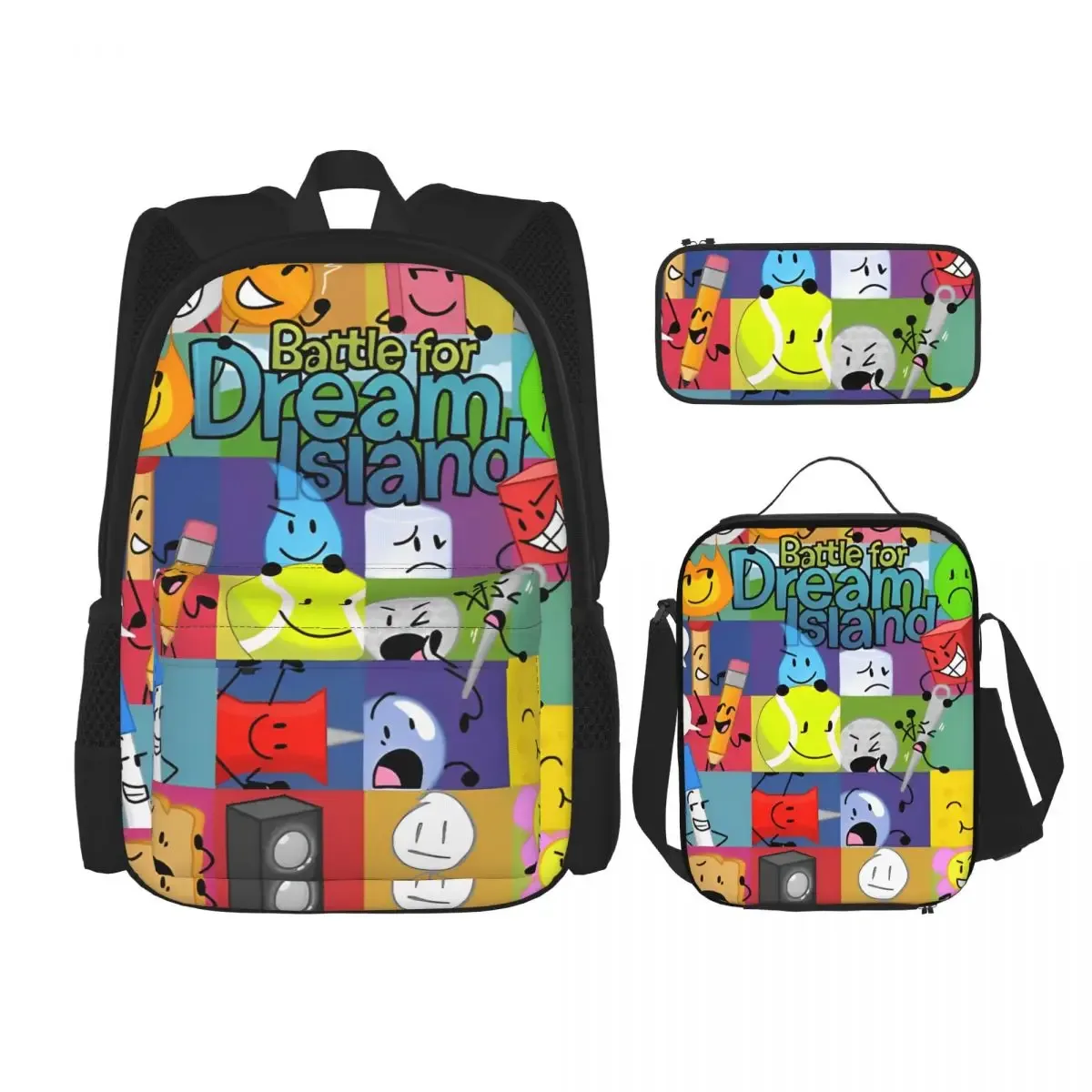 bfdi battle for dream island 3pecs/ensemble sac à dos pour étudiant collège sac à bandoulière sac à déjeuner trousse à crayons