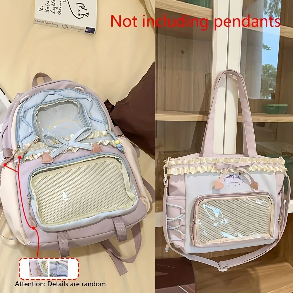 sac dos nylon unisexe pastel gris rose bleu clair motifs lapins coeurs accessoires voyage léger