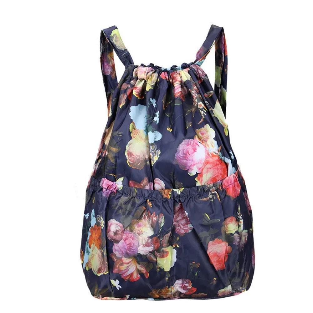 sac à cordon imprimé floral, sac de shopping portable en polyester de grande capacité, sac de voyage léger et étanche pour adolescentes