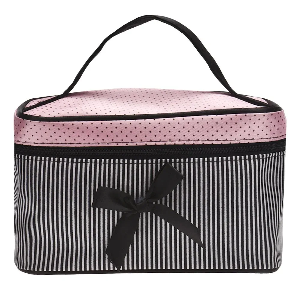 sac à cosmétiques portable mignon à rayures avec nœud, organiseur de lavage, sacs à maquillage, sac à main pour femmes et filles