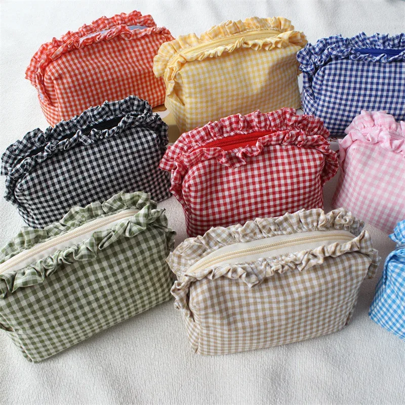 pochette de maquillage à franges en tissu gingham, style coréen, grande capacité, portable, trousse de toilette de voyage pour filles et femmes