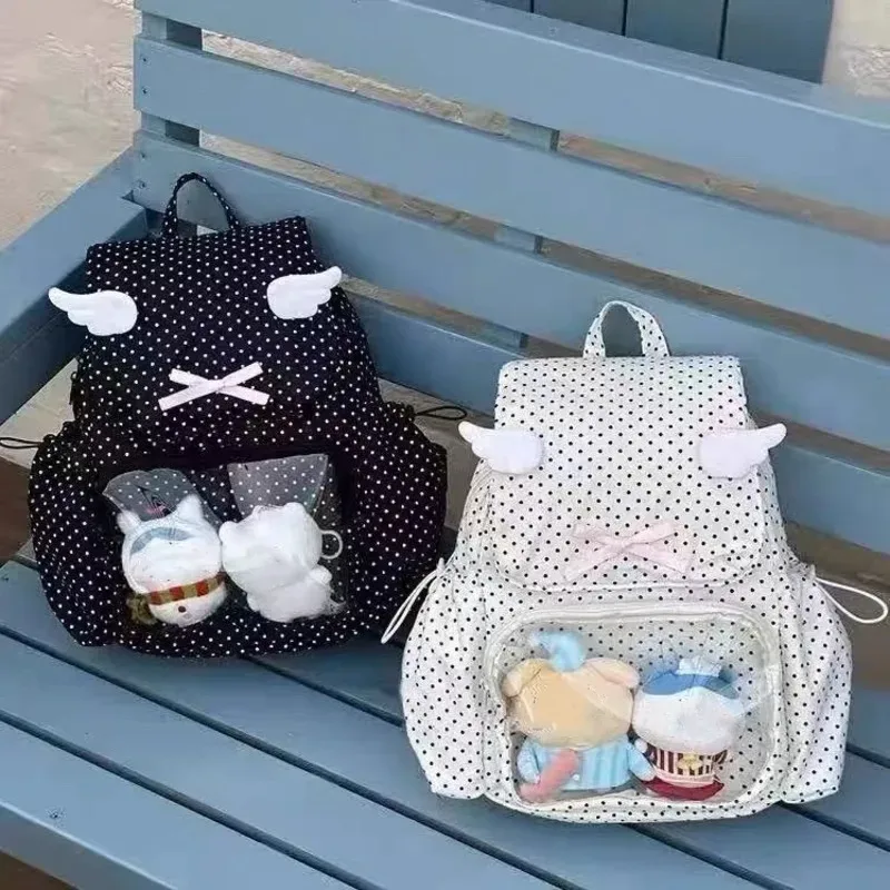 sac à dos mignon à pois, aile d'ange, nœud rose, poche transparente, sac à dos de grande capacité, sac de trajet sweet lolita pour femmes