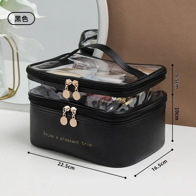 sac à cosmétiques double transparent en pu, sac de lavage portable, sacs de maquillage de grande capacité, trousse de toilette de voyage étanche, sacs de rangement