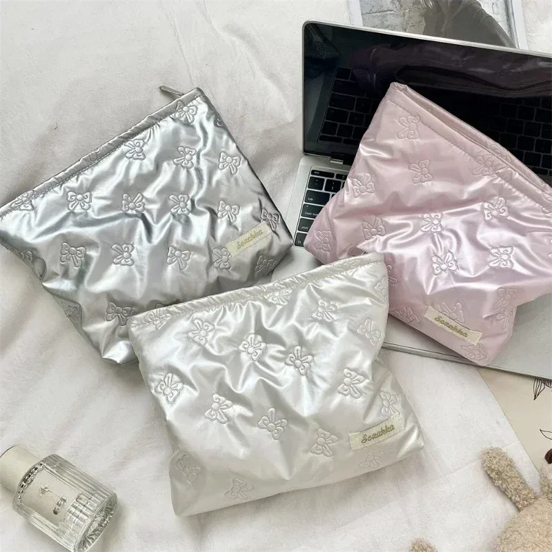 sac à cosmétiques matelassé coréen en pu avec nœud d'amour, pochette pour produits de soins de la peau, poche intérieure, sac de rangement multifonction pour maquillage et rouge à lèvres
