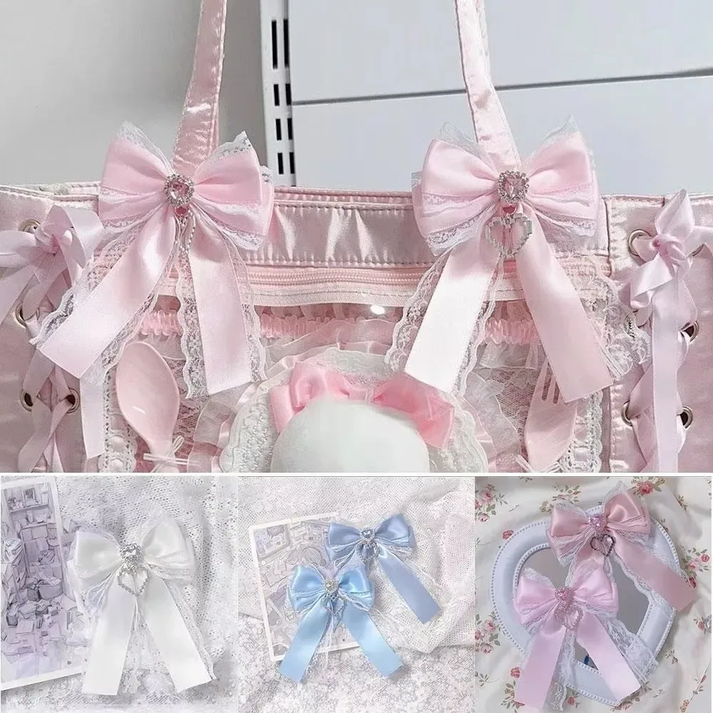 1/2pcs kit de nœuds en ruban à faire soi-même, double couche, avec pendentif en forme de cœur brillant, style lolita, pour sac à dos, avec clip en forme de cœur et diamant