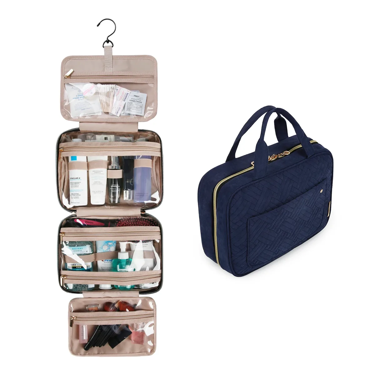 trousse toilette pvc compartiments transparents noire motif géométrique relief voyage cosmétiques maquillage rangement affaires week-end
