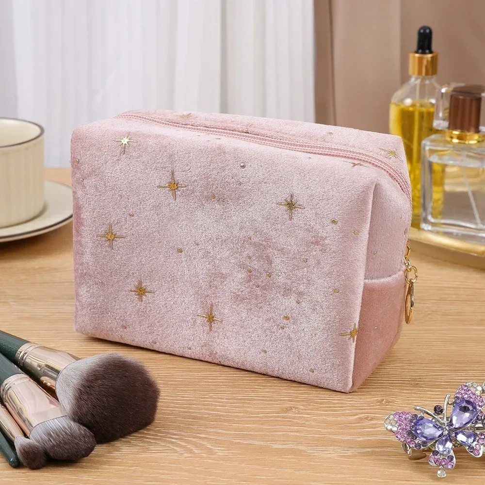 trousse de toilette en velours doux pour femme, sac cosmétique portable, motif étoile estampé à chaud, sac de rangement de maquillage avec fermeture éclair, haute qualité
