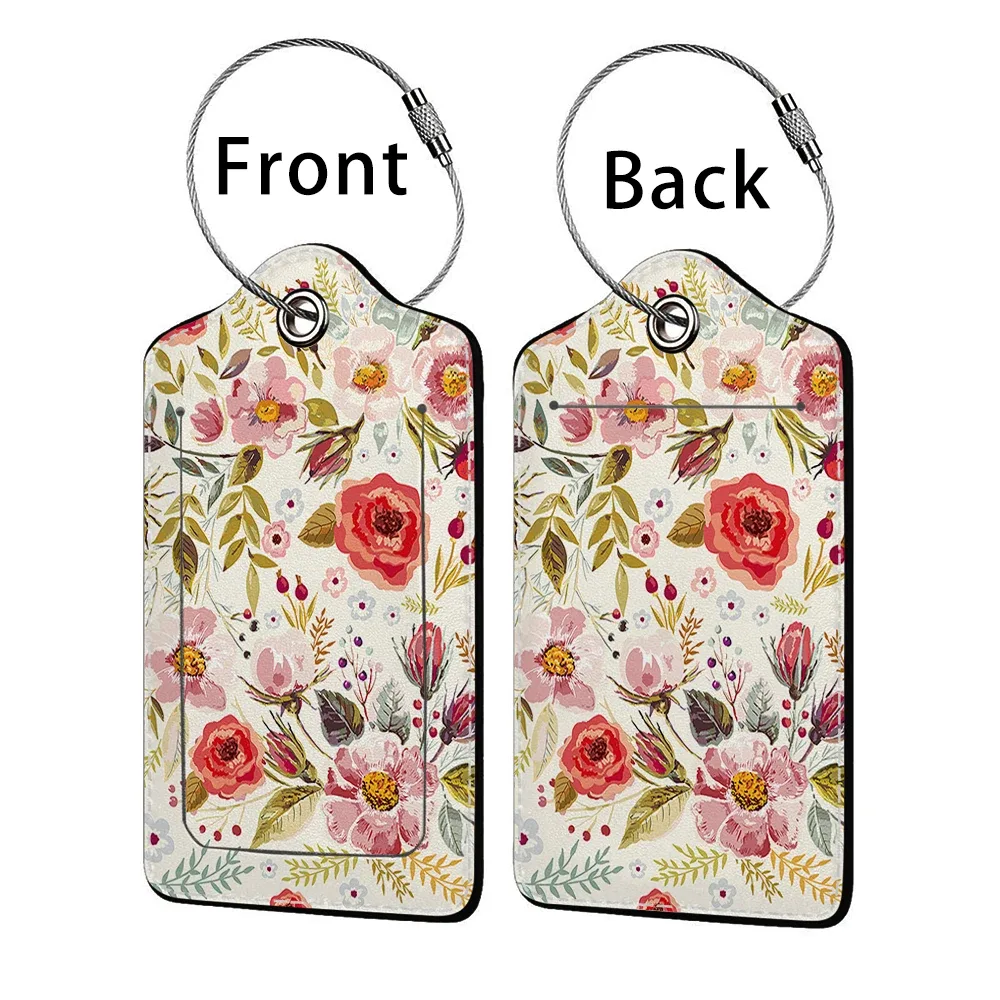 étiquette bagage polyuréthane motif floral subtil fond beige anneau métallique voyage affaires identification nom adresse