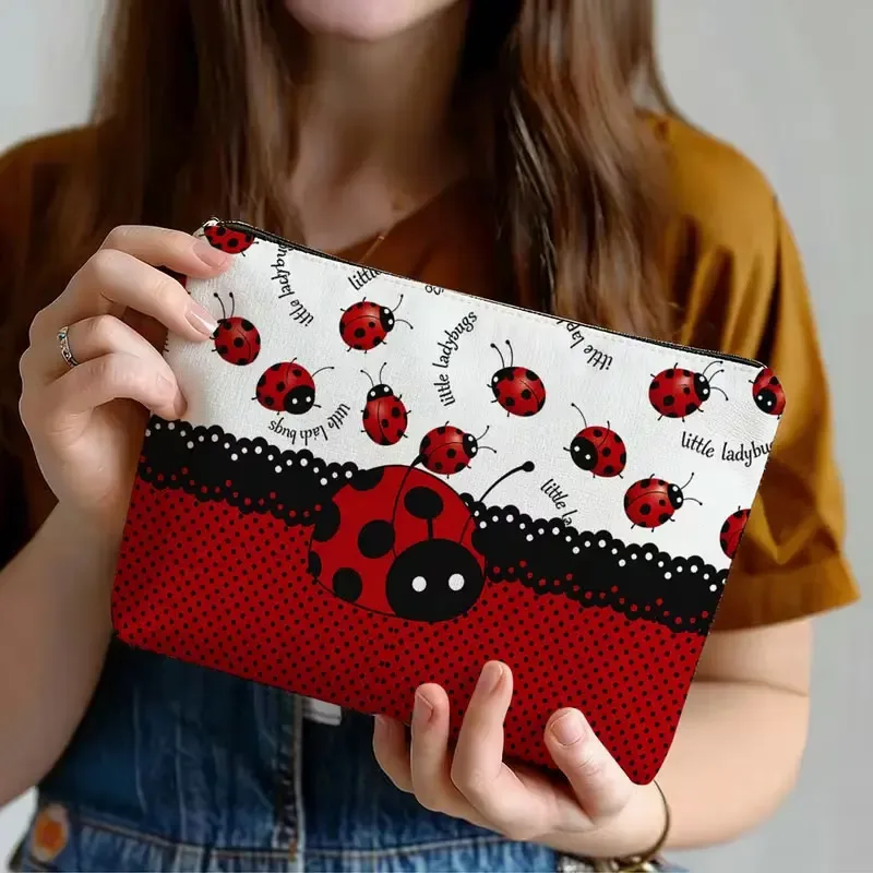 1 pièce, trousse de maquillage imprimée coccinelle, fermeture éclair durable, indispensable pour les voyages fréquents, rangement d'accessoires exquis, en lin durable