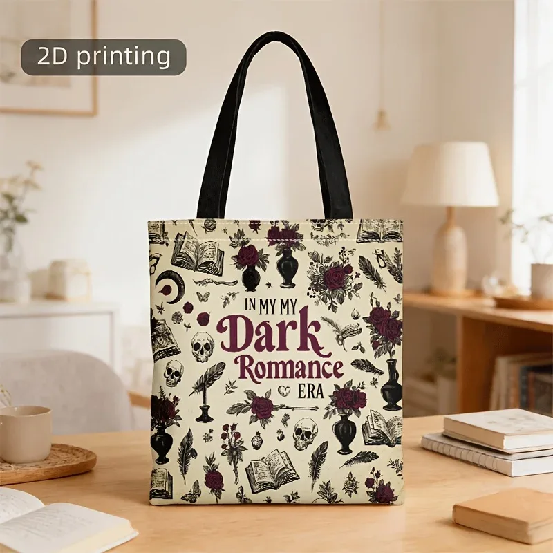 sac fourre-tout gothique romantique, motif vintage de crâne, roses rouges et plumes, sac à main réutilisable en toile pour les amoureux des livres