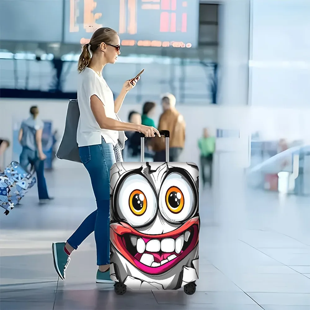 1 housse de bagage à imprimé visage de dessin animé pour bagages de 18 à 32 pouces ; accessoires de voyage anti-poussière et élastiques pour protéger efficacement vos bagages
