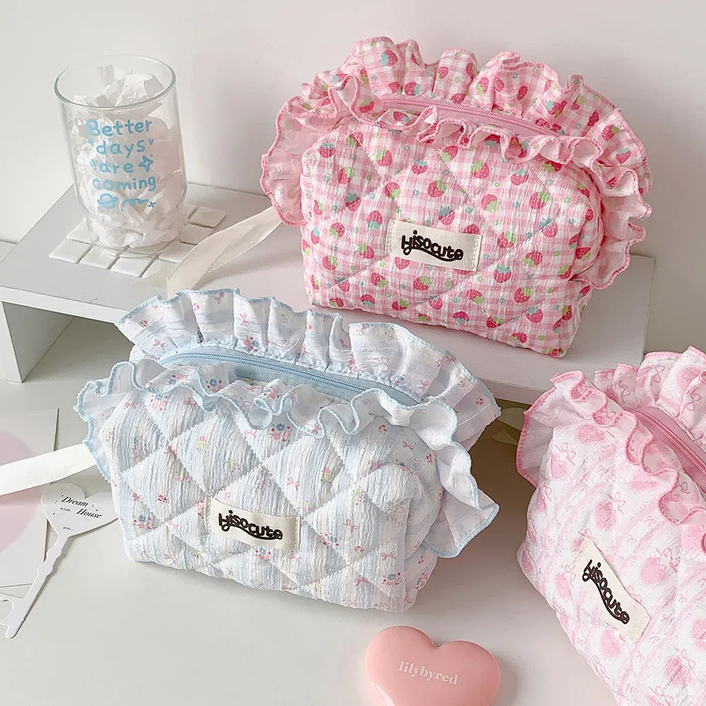 sac de rangement pour cosmétiques matelassé avec nœud et volants, grande capacité, en polyester et coton, organiseurs de maquillage pour femmes et filles, idéal pour les voyages